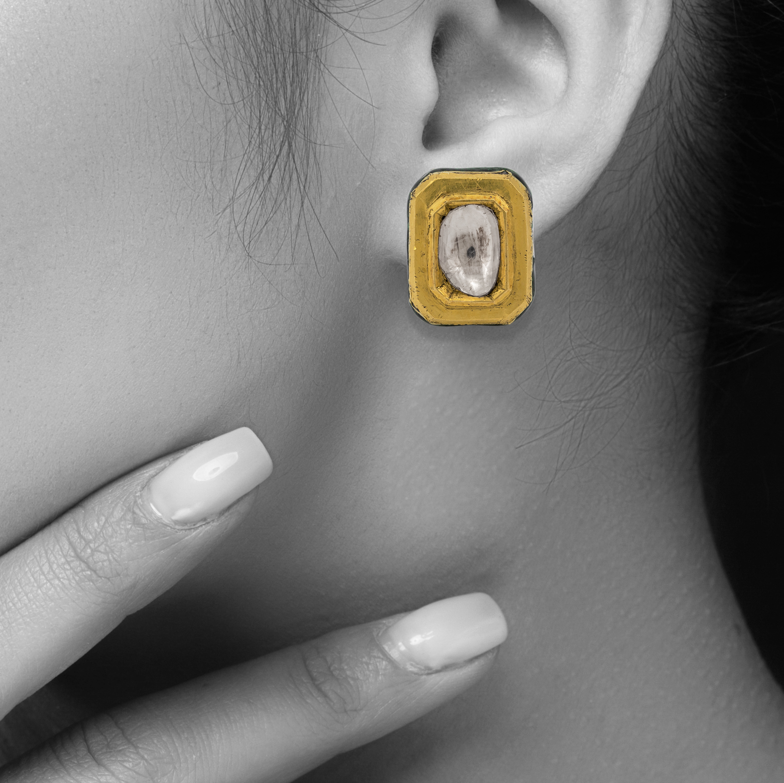 Rectangular Polki Stud Earrings in Gold Finish